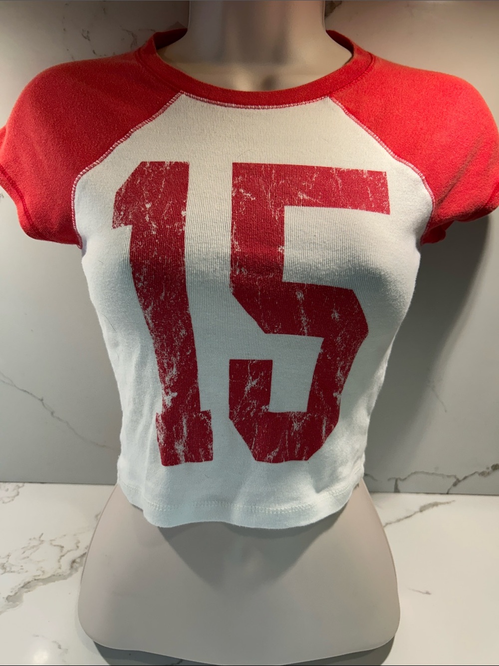 Social Culture Red & White Cotton Crop Tee with Distressed '15' Print